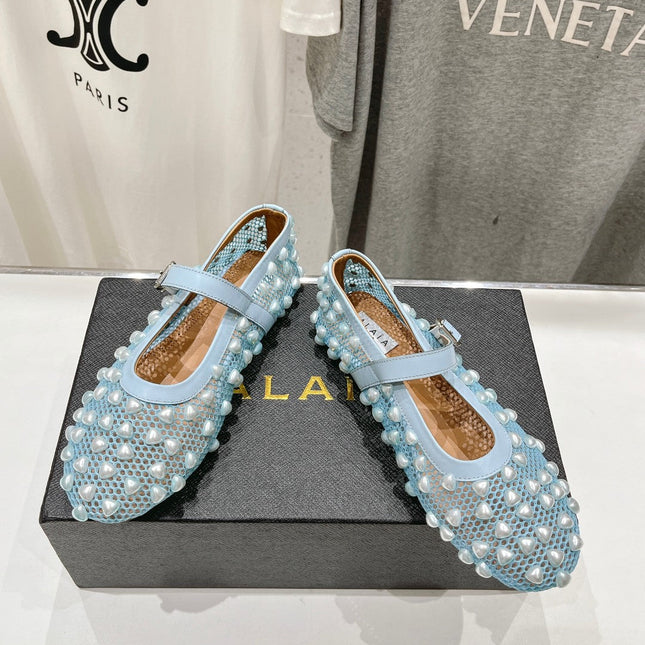 ALAIA PEARL MARY JANE SHOES IN LIGHT BLUE MESH AND CALFSKIN