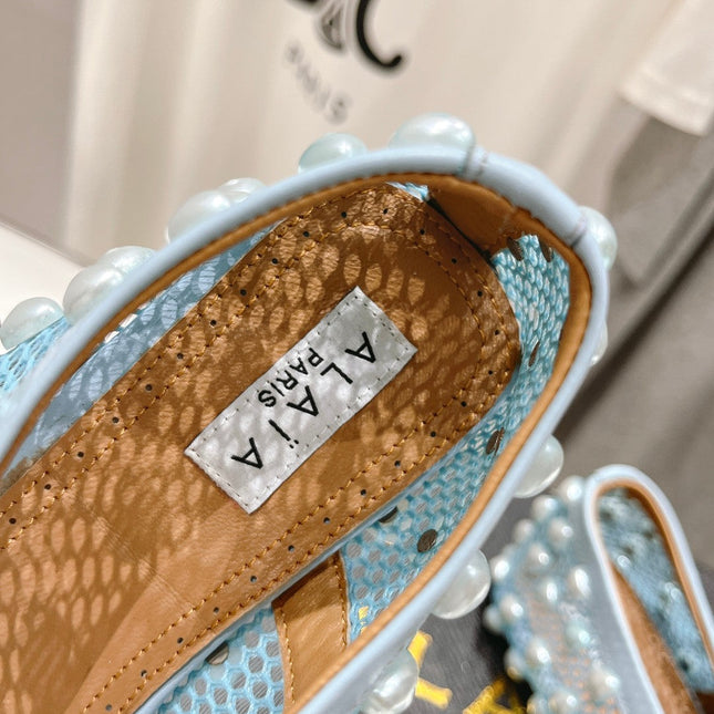 ALAIA PEARL MARY JANE SHOES IN LIGHT BLUE MESH AND CALFSKIN