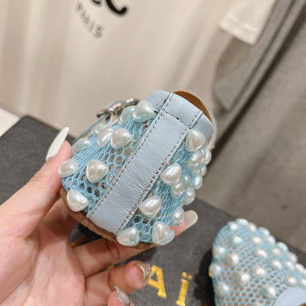 ALAIA PEARL MARY JANE SHOES IN LIGHT BLUE MESH AND CALFSKIN