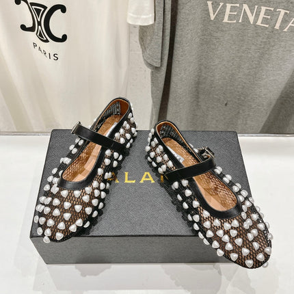 ALAIA PEARL MARY JANE SHOES IN BLACK MIX WHITE MESH AND CALFSKIN