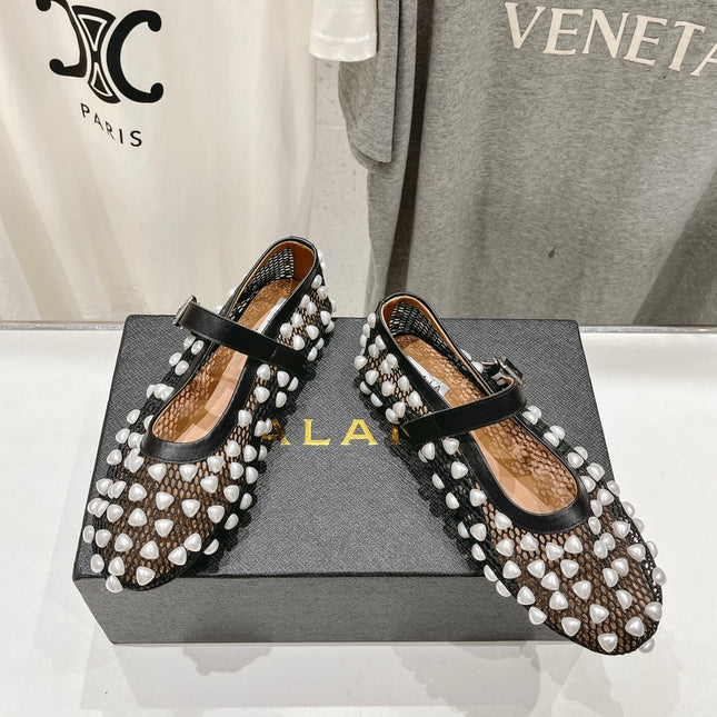 ALAIA PEARL MARY JANE SHOES IN BLACK MIX WHITE MESH AND CALFSKIN