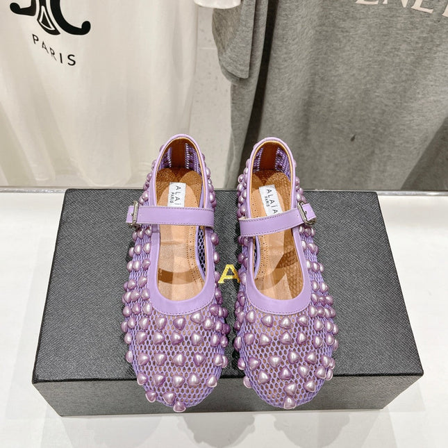 ALAIA PEARL MARY JANE SHOES IN LAVENDER PURPLE MESH AND CALFSKIN