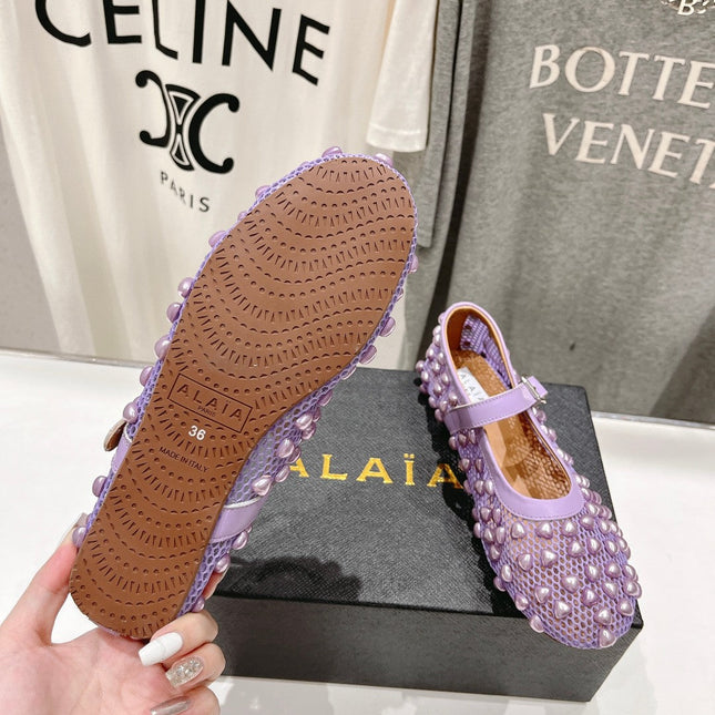 ALAIA PEARL MARY JANE SHOES IN LAVENDER PURPLE MESH AND CALFSKIN