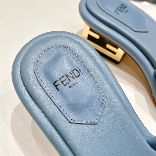 FENDI BAGUETTE MEDIUM-HEEL SANDALS 45 MM IN CERULEAN BLUE CALFSKIN