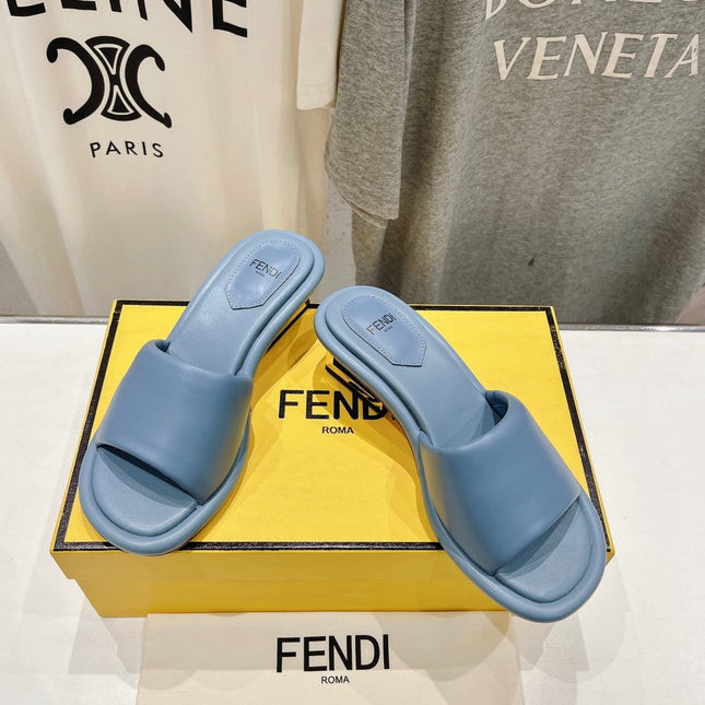 FENDI BAGUETTE MEDIUM-HEEL SANDALS 45 MM IN CERULEAN BLUE CALFSKIN