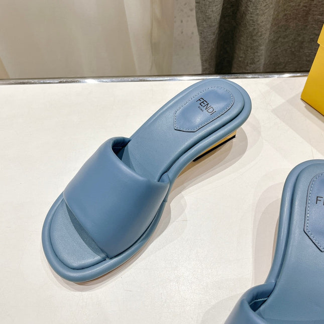 FENDI BAGUETTE MEDIUM-HEEL SANDALS 45 MM IN CERULEAN BLUE CALFSKIN