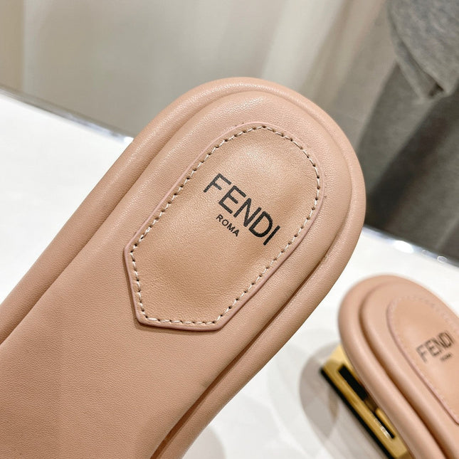 FENDI BAGUETTE MEDIUM-HEEL SANDALS 45 MM IN DESERT SAND CALFSKIN