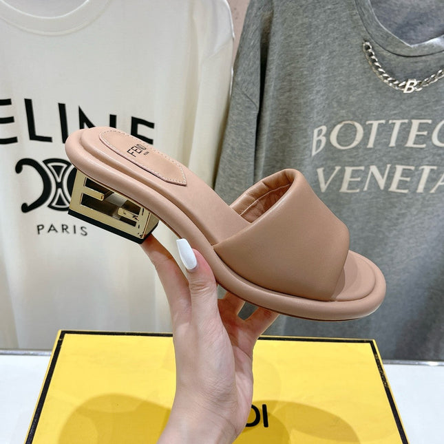 FENDI BAGUETTE MEDIUM-HEEL SANDALS 45 MM IN DESERT SAND CALFSKIN