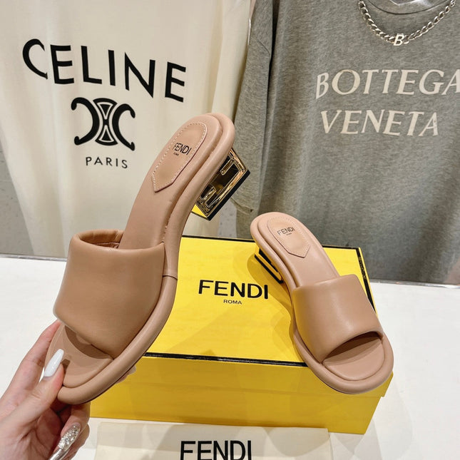 FENDI BAGUETTE MEDIUM-HEEL SANDALS 45 MM IN DESERT SAND CALFSKIN