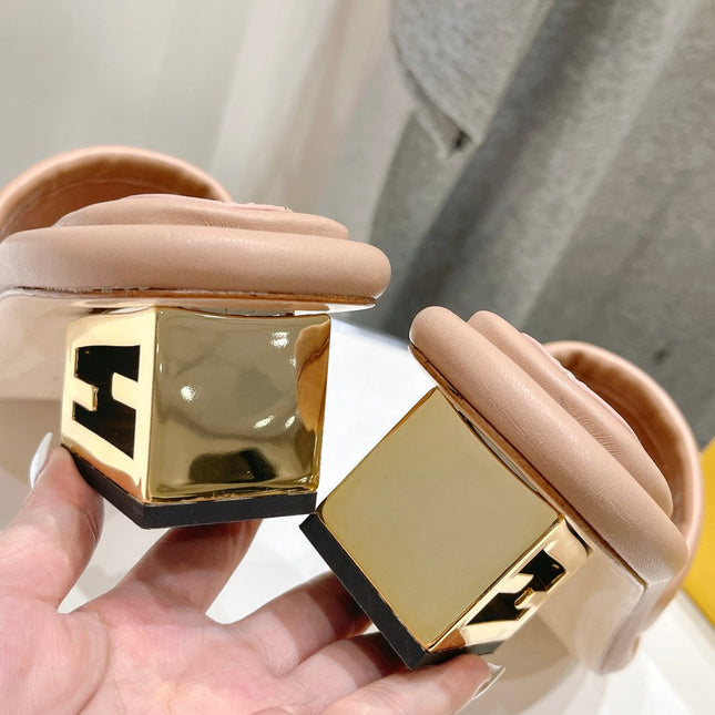 FENDI BAGUETTE MEDIUM-HEEL SANDALS 45 MM IN DESERT SAND CALFSKIN