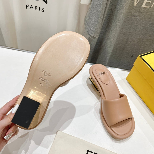 FENDI BAGUETTE MEDIUM-HEEL SANDALS 45 MM IN DESERT SAND CALFSKIN