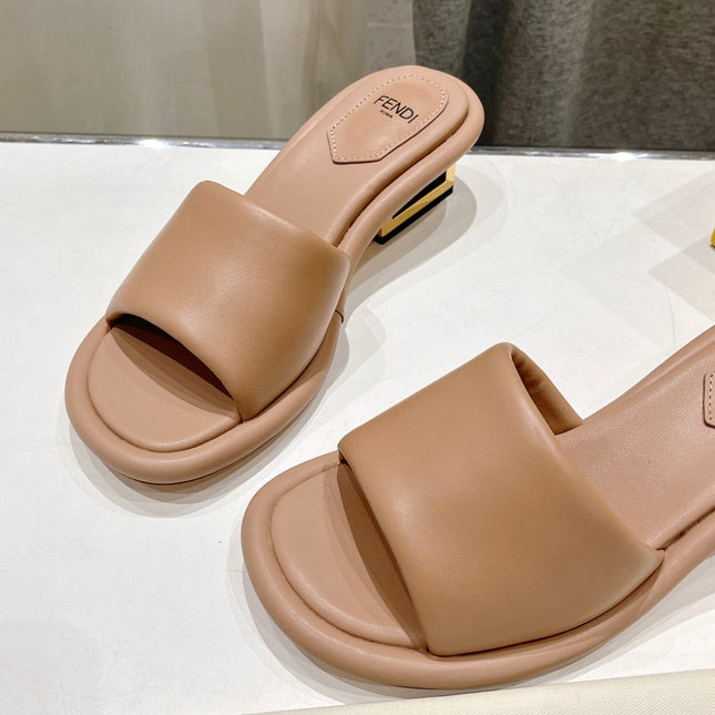 FENDI BAGUETTE MEDIUM-HEEL SANDALS 45 MM IN DESERT SAND CALFSKIN