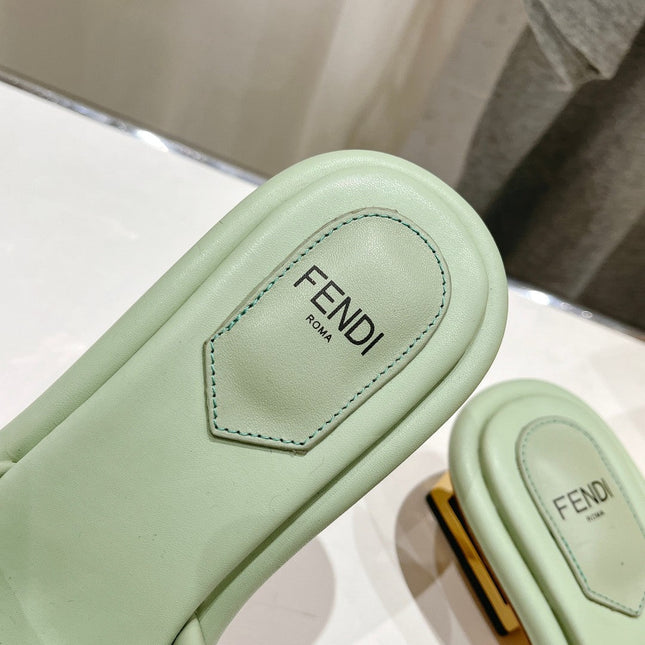FENDI BAGUETTE MEDIUM-HEEL SANDALS 45 MM IN GREEN MINT CALFSKIN