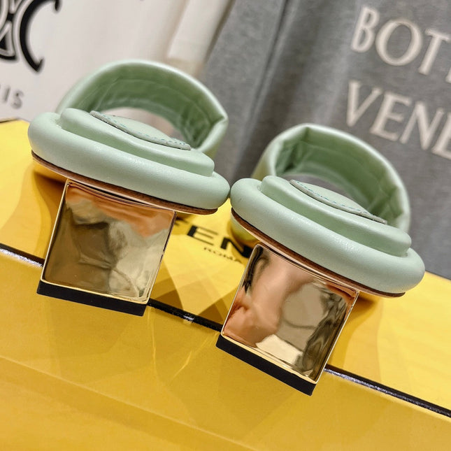 FENDI BAGUETTE MEDIUM-HEEL SANDALS 45 MM IN GREEN MINT CALFSKIN