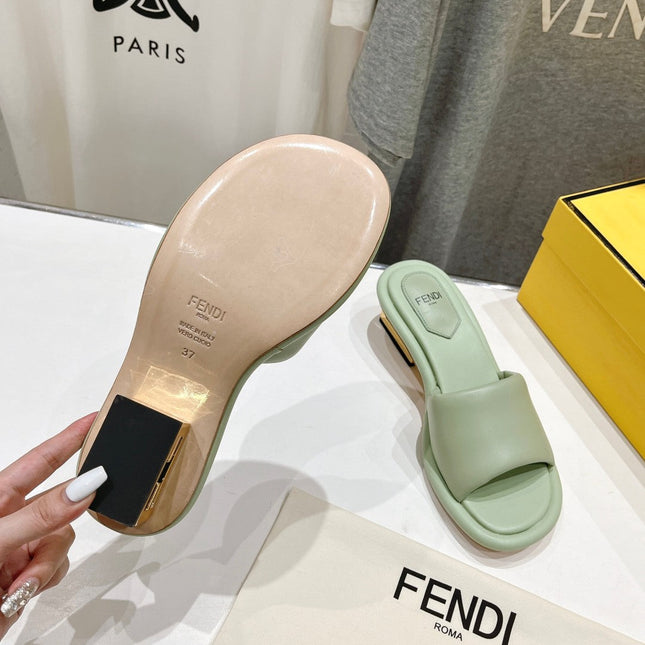 FENDI BAGUETTE MEDIUM-HEEL SANDALS 45 MM IN GREEN MINT CALFSKIN