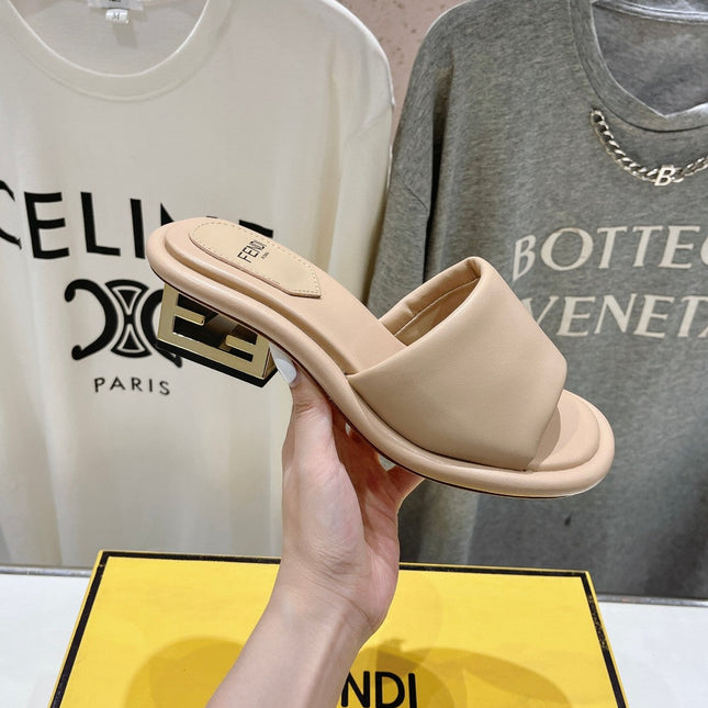 FENDI BAGUETTE MEDIUM-HEEL SANDALS 45 MM IN BISQUE BEIGE CALFSKIN