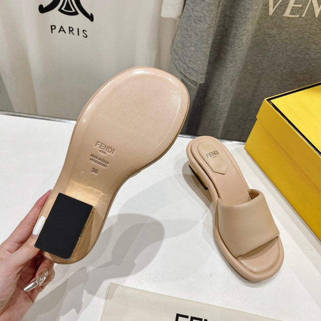 FENDI BAGUETTE MEDIUM-HEEL SANDALS 45 MM IN BISQUE BEIGE CALFSKIN