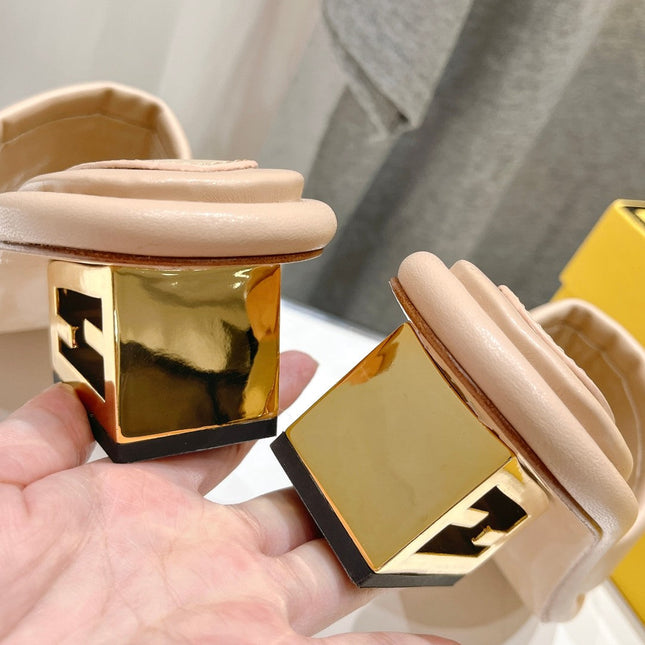 FENDI BAGUETTE MEDIUM-HEEL SANDALS 45 MM IN BISQUE BEIGE CALFSKIN