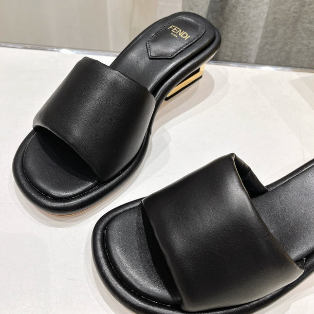 FENDI BAGUETTE MEDIUM-HEEL SANDALS 45 MM IN BLACK CALFSKIN