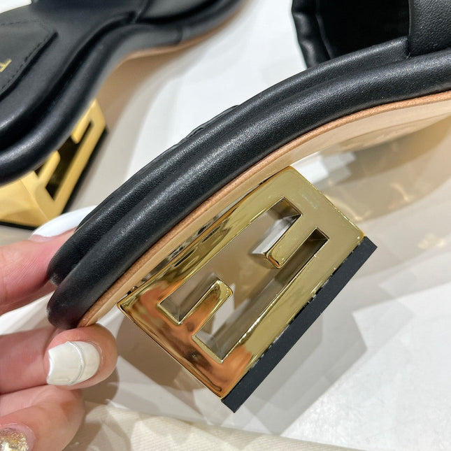 FENDI BAGUETTE MEDIUM-HEEL SANDALS 45 MM IN BLACK CALFSKIN