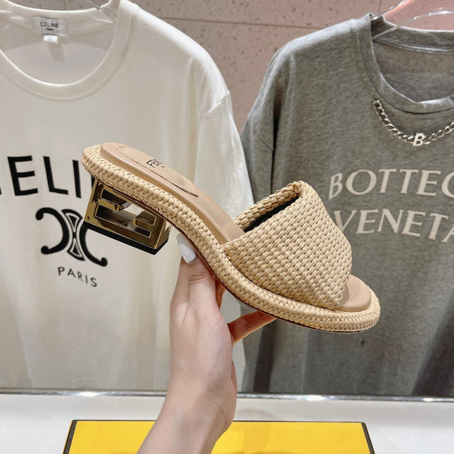 FENDI FFOLD MEDIUM-HEEL SANDALS 45 MM IN TUSCAN BEIGE COTTON FIBRE