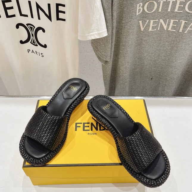 FENDI FFOLD MEDIUM-HEEL SANDALS 45 MM IN BLACK COTTON FIBRE