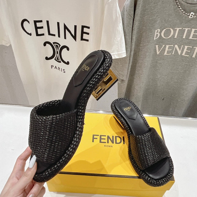 FENDI FFOLD MEDIUM-HEEL SANDALS 45 MM IN BLACK COTTON FIBRE