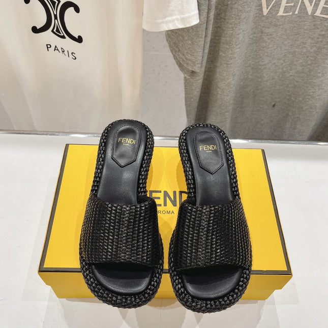 FENDI FFOLD MEDIUM-HEEL SANDALS 45 MM IN BLACK COTTON FIBRE