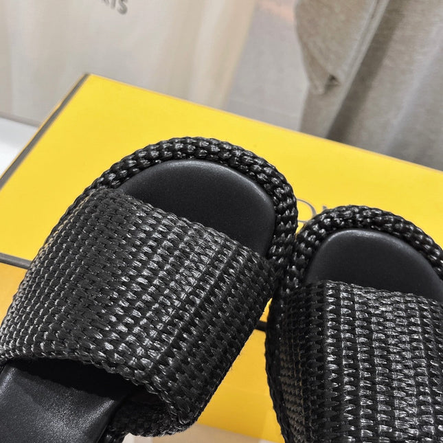 FENDI FFOLD MEDIUM-HEEL SANDALS 45 MM IN BLACK COTTON FIBRE