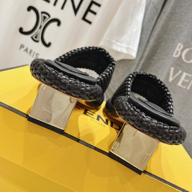 FENDI FFOLD MEDIUM-HEEL SANDALS 45 MM IN BLACK COTTON FIBRE