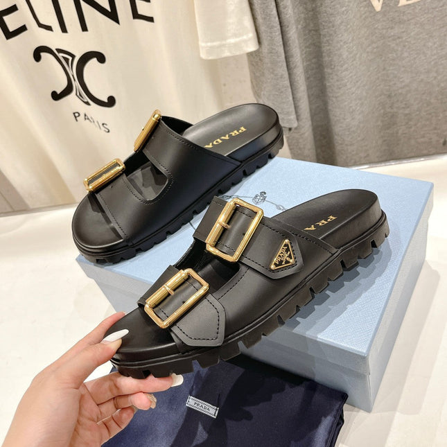 PRA STRAP SLIDES SANDALS BLACK CALFSKIN