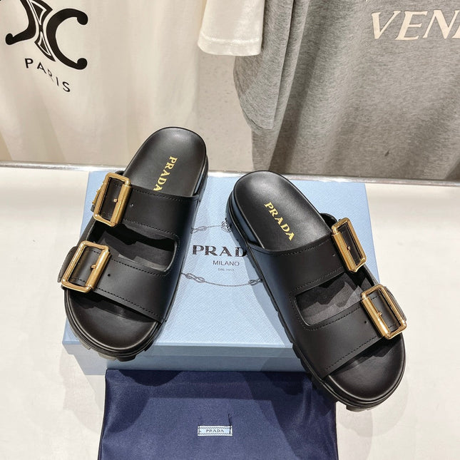 PRA STRAP SLIDES SANDALS BLACK CALFSKIN