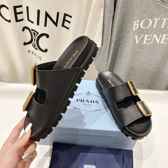 PRA STRAP SLIDES SANDALS BLACK CALFSKIN