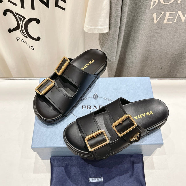PRA STRAP SLIDES SANDALS BLACK CALFSKIN