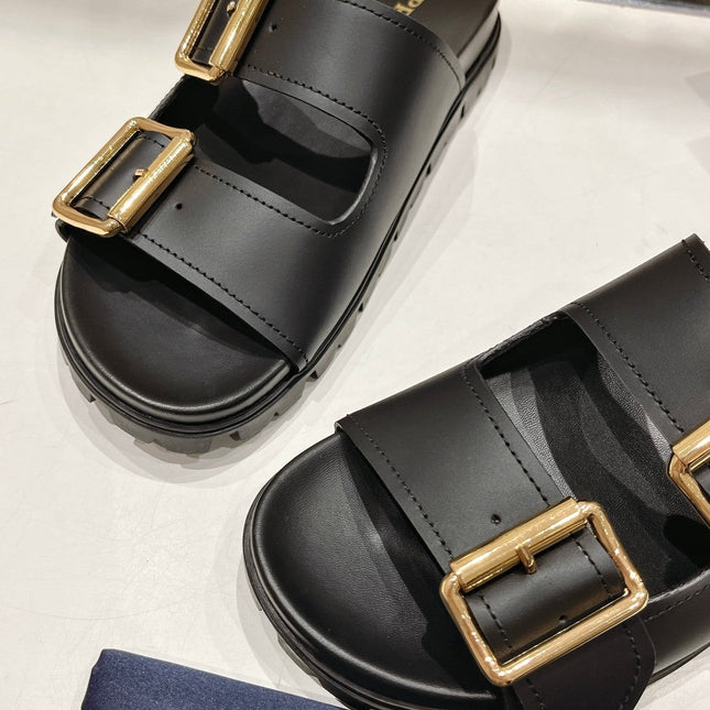 PRA STRAP SLIDES SANDALS BLACK CALFSKIN