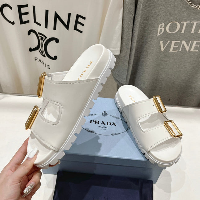 PRA STRAP SLIDES SANDALS WHITE CALFSKIN