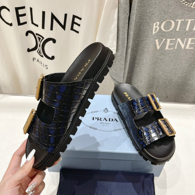 PRA CROCODILE MOTIF STRAP SLIDES SANDALS BLACK AND LAPIS CALFSKIN