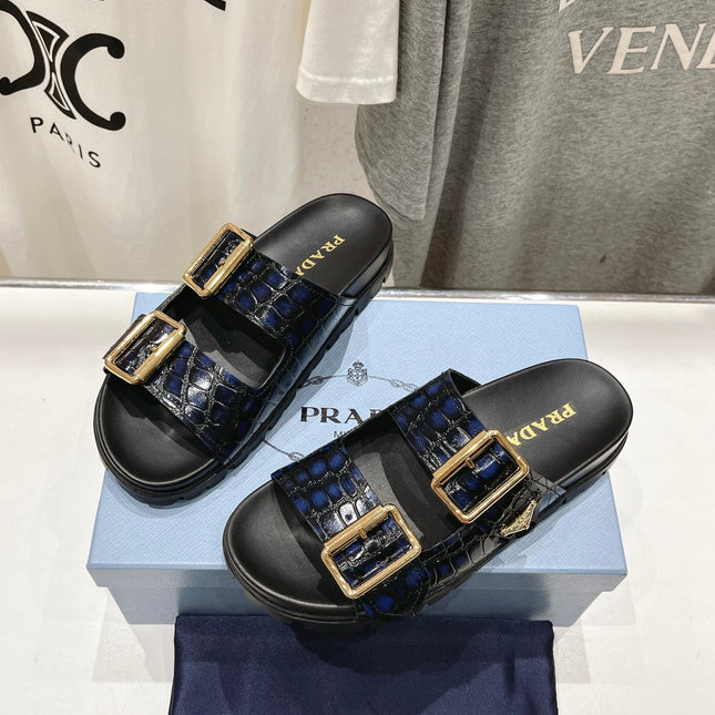 PRA CROCODILE MOTIF STRAP SLIDES SANDALS BLACK AND LAPIS CALFSKIN