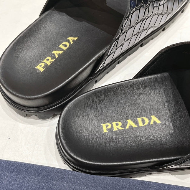 PRA CROCODILE MOTIF STRAP SLIDES SANDALS BLACK AND LAPIS CALFSKIN
