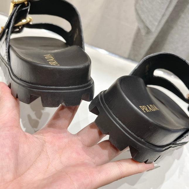PRA CROCODILE MOTIF STRAP SLIDES SANDALS BLACK AND LAPIS CALFSKIN