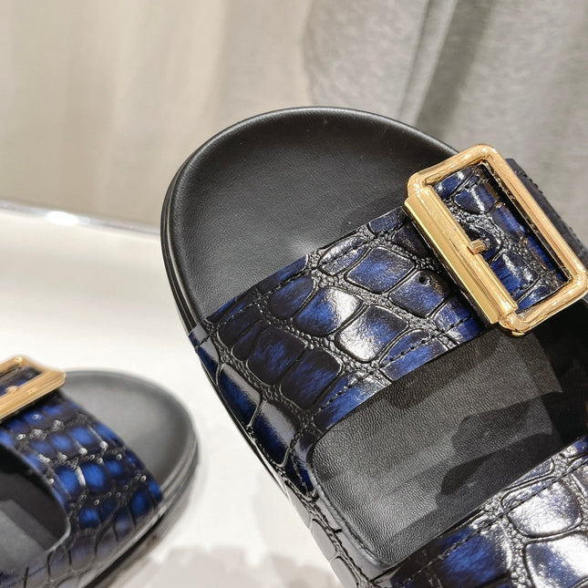 PRA CROCODILE MOTIF STRAP SLIDES SANDALS BLACK AND LAPIS CALFSKIN