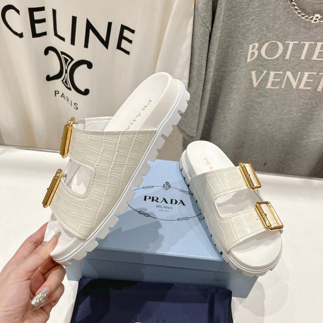 PRA CROCODILE MOTIF STRAP SLIDES SANDALS WHITE CALFSKIN