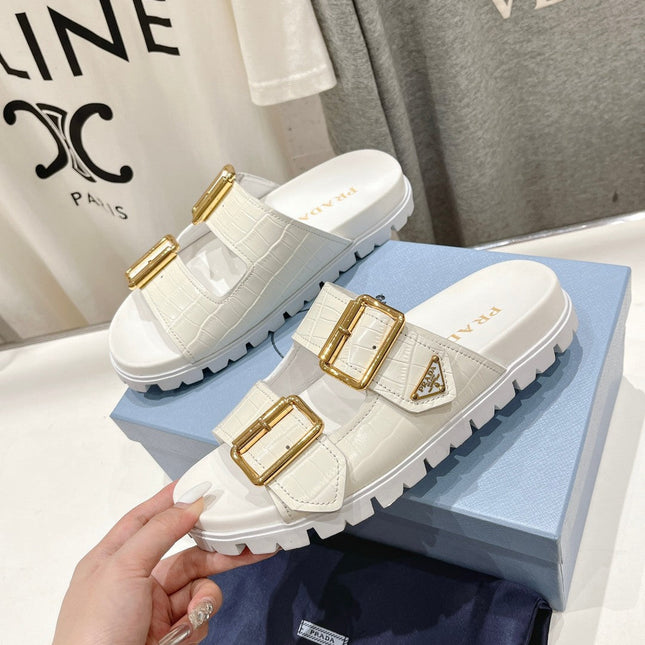 PRA CROCODILE MOTIF STRAP SLIDES SANDALS WHITE CALFSKIN