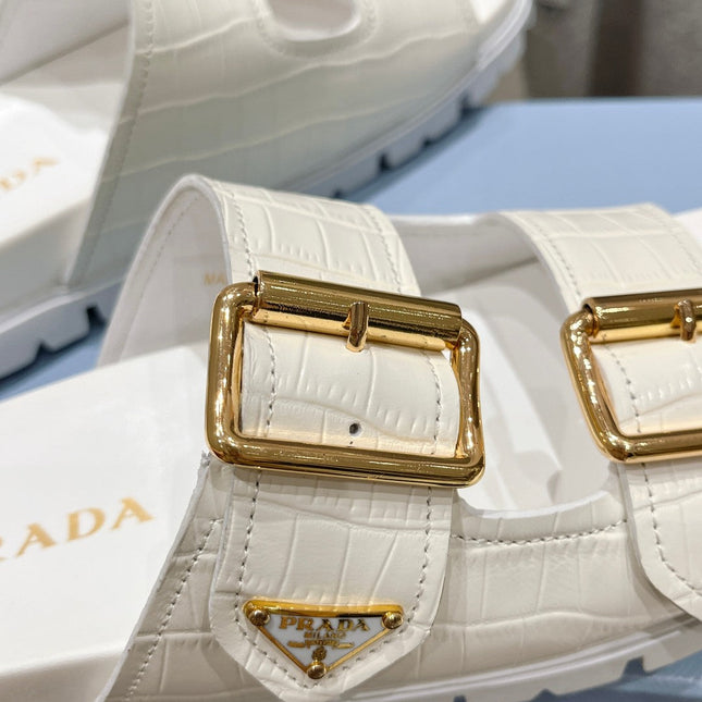 PRA CROCODILE MOTIF STRAP SLIDES SANDALS WHITE CALFSKIN
