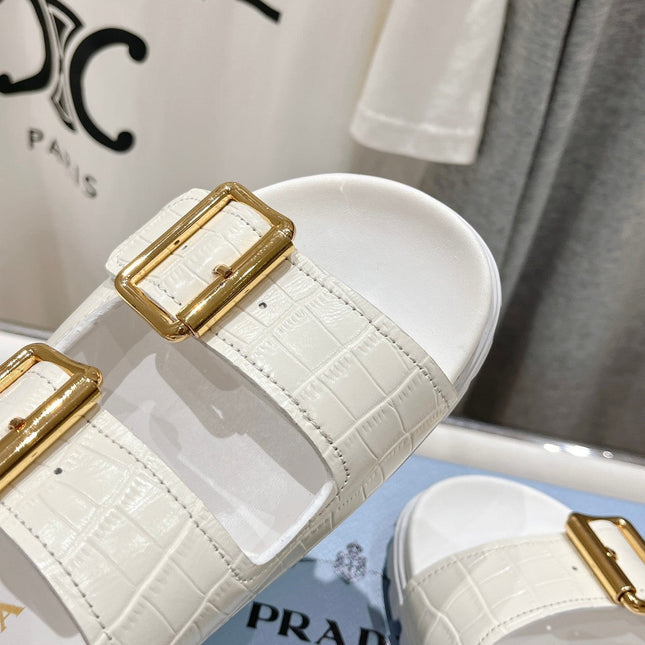 PRA CROCODILE MOTIF STRAP SLIDES SANDALS WHITE CALFSKIN