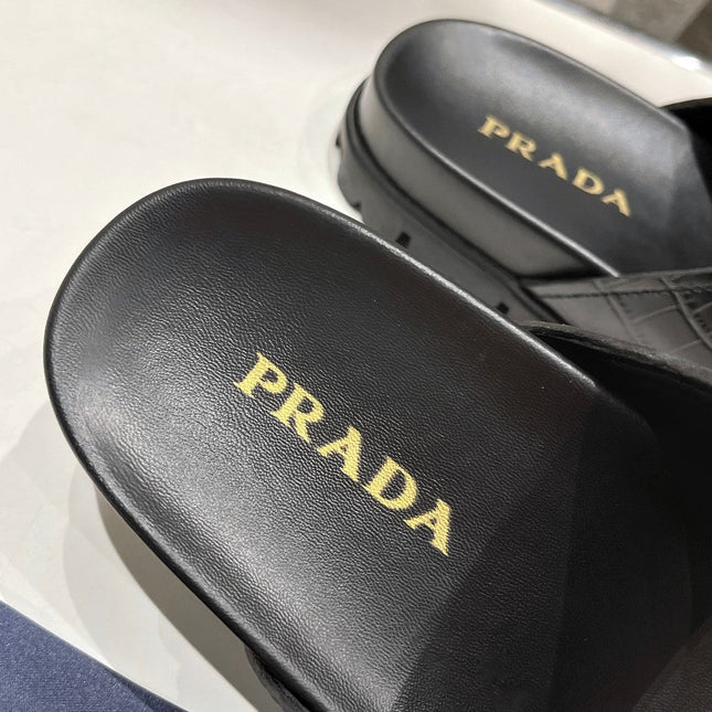 PRA CROCODILE MOTIF STRAP SLIDES SANDALS BLACK CALFSKIN