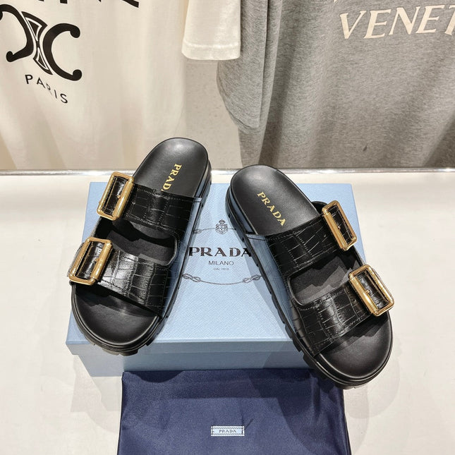 PRA CROCODILE MOTIF STRAP SLIDES SANDALS BLACK CALFSKIN