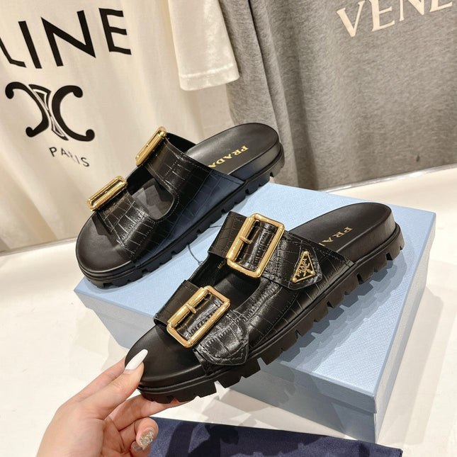 PRA CROCODILE MOTIF STRAP SLIDES SANDALS BLACK CALFSKIN