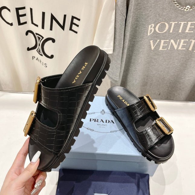 PRA CROCODILE MOTIF STRAP SLIDES SANDALS BLACK CALFSKIN