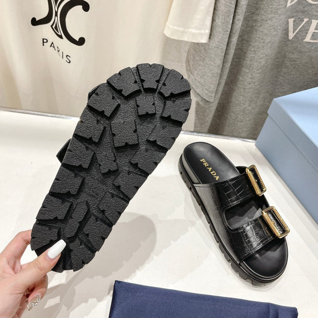 PRA CROCODILE MOTIF STRAP SLIDES SANDALS BLACK CALFSKIN